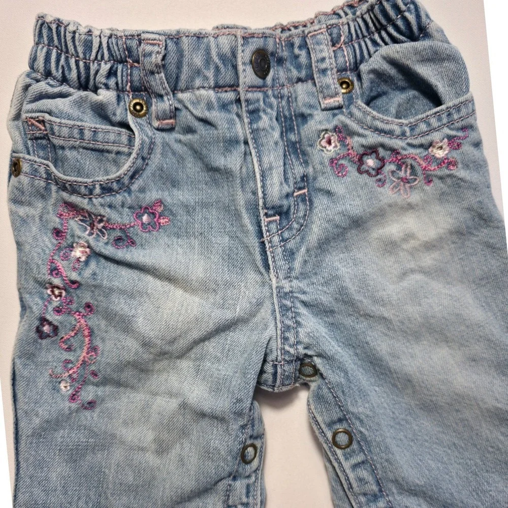 Vintage Childrens Place Baby Girl Floral Embroidered Lined Jeans 3-6 Months Blue
